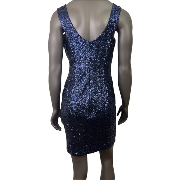 Dress the Population Dress Womens L Blue Sequin Mini Plunge Neckline Sleeveless - Picture 2 of 9